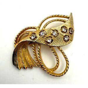 Vintage Gold Tone Ribbon Brooch Clear Rhinestone Swirl Statement Pin